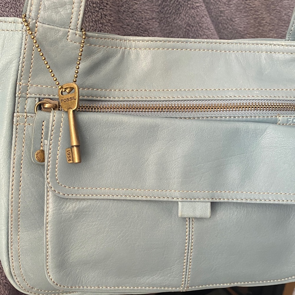 Vintage Fossil Sky Blue Leather Shoulder Bag